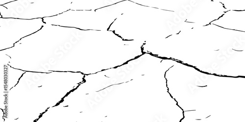 Generate a high-contrast black and white image showcasing a network of irregular cracks across a white surface, forming sharp, angular lines that intersect and branch out,creating a fragmented pattern