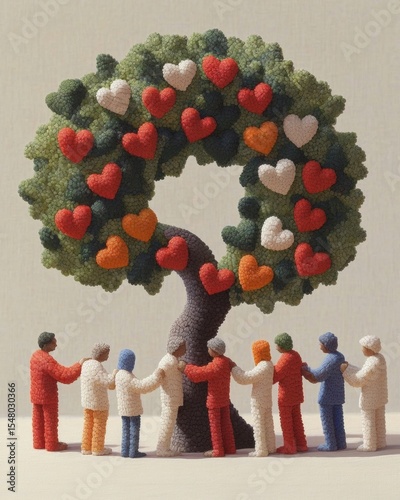 Human figures forming a heart-tree earth day celebration sculpture indoor close-up community and environment awareness