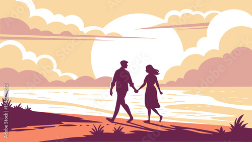 Silhouette of a couple holding hands walking along the beach with a sunset and cloudy sky background