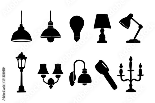 Silhouette Set of Lamps and Light Fixtures Vector Icons