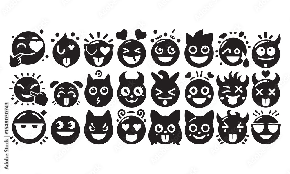 Obraz premium Emoji bundle silhouette of vector set of funny cartoon faces set of emoji smileys set of smiley faces and vector illustration black vector on white background 