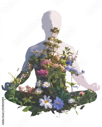 Meditative earth harmony silhouette of a figure among wildflowers nature serenity tranquil environment close-up view