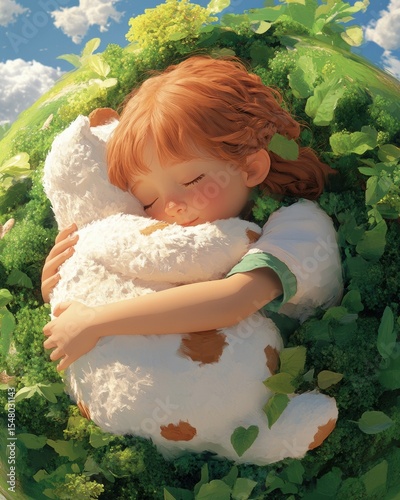 Young girl embracing earth as a teddy bear nature scene vibrant environment emotional viewpoint cherishing our planet