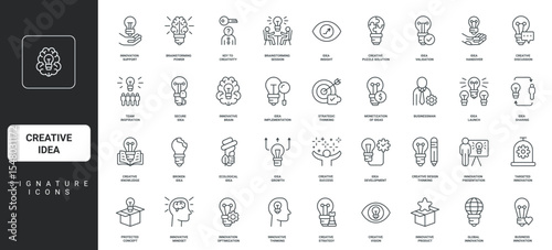 Light bulb and puzzle, brain with innovation mindset thin black outline symbols vector illustration. Creative idea, new project presentation, launch and development, optimization line icon set.