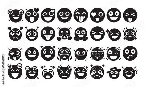  Emoji bundle silhouette of vector set of funny cartoon faces set of emoji smileys set of smiley faces and vector illustration black vector on white background 
