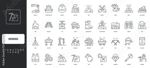 Mineral and gold mining, digging, miners equipment thin black outline symbols vector illustration. Mining, mine extraction equipment and underground tunnel with iron ore, coal line icon set.