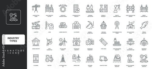 Construction and agriculture, fishing, mining thin black symbols vector illustration. Types of industry, different industrial plants and manufacturing, power energy production line icon set.