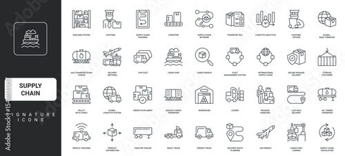 Product box distribution, supplier search thin black symbols vector illustration. Supply chain, delivery and cargo transportation, logistic service and factory warehouse line icon set.