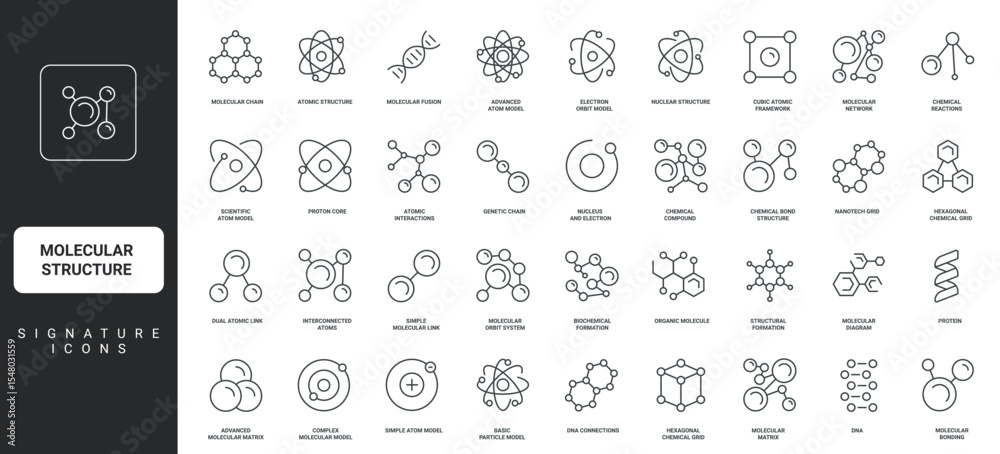 Science symbol, DNA and protein, vitamin, carbon compound thin black vector illustration. Molecular structure and chain, nucleus and electrons of atom, chemical molecule model line icon set.