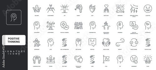 Self care, empathy and love, gratitude thin black outline symbols vector illustration. Positive thinking, happy mood and emotions, patience of healthy lifestyle, psychology line icon set.