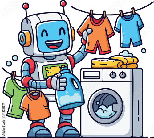 A cute, smiling robot happily doing laundry hanging clothes, holding a bottle of detergent and a clean, orange t-shirt, standing next to a washing machine