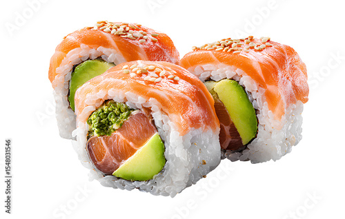 Sushi rolls with salmon, avocado, and rice on a transparent background