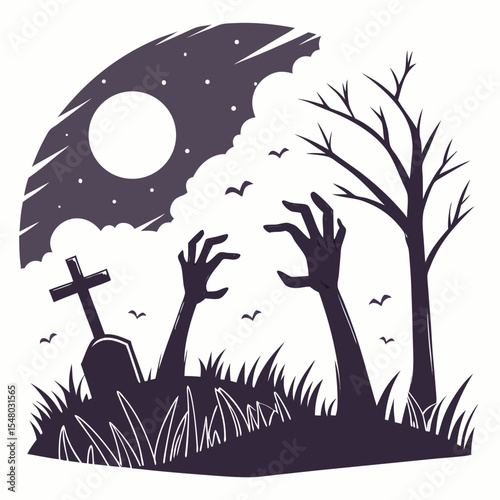 Creepy zombie hands rising from the ground – spooky Halloween horror vector illustration