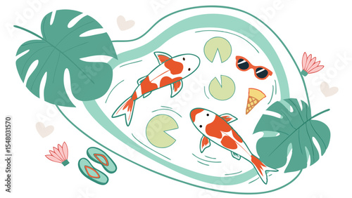 Illustration of a pond with two koi fish, lily pads, sunglasses, and tropical leaves in a summer theme