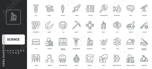 chemistry and geology, mathematics, virus and cell engineering thin black symbols vector illustration. Science study and research in scientific laboratory by scientist, student line icon set.