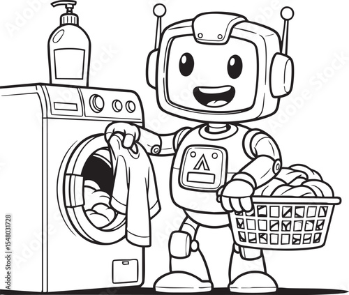  A happy robot doing laundry, holding a shirt and a basket of clothes next to a washing machine with a soap dispenser on top