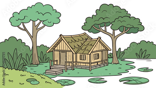 Illustration of a wooden house near a lake surrounded by trees and grass in a peaceful nature setting