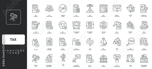 Calculate amount and tax return, taxation of luxury and gift, real estate thin black outline symbols vector illustration. Tax deduction management, budget cuts, form and payroll line icon set.