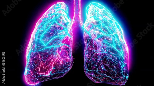 A detailed visual of human lungs with vibrant neon colors, highlighting the complex networks within the respiratory system