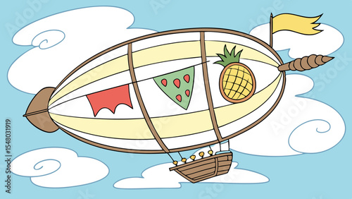 Illustration of a cartoon airship with flags and a pineapple flying in a cloudy sky background
