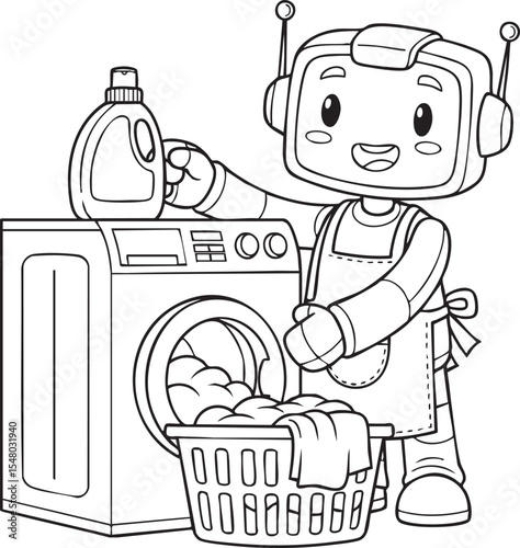 A smiling robot wearing an apron, holding a bottle of laundry detergent next to a washing machine and a basket of clothes.