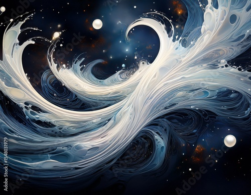 abstract white ink swirling in a cosmic scene