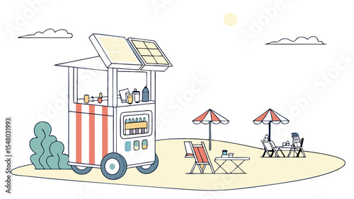 Illustration of a beach scene with a food cart, umbrellas, and chairs under a sunny sky with clouds