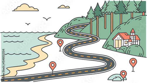 Illustration depicting a winding road leading from a beach to a forest with a house and location pins