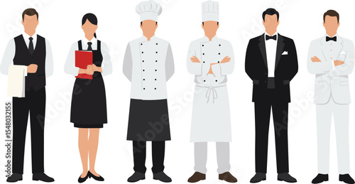 Restaurant staff uniform illustration, chef waiter hostess character, hospitality team vector, formal hotel employee design, culinary professionals, catering people, food service workers