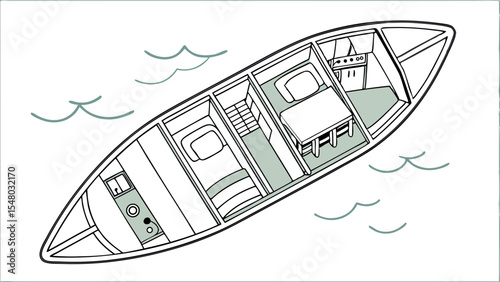Aerial view of a boat interior with beds table kitchen and stairs floating on water with waves drawn
