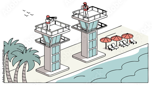 Two lifeguard towers on a beach with palm trees umbrellas and people observing the ocean landscape view