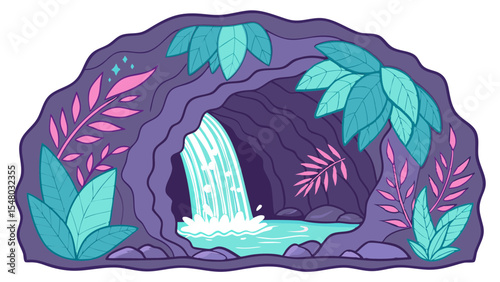 Illustration of a cave with a waterfall flowing into a pool surrounded by tropical plants and foliage