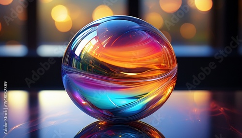 brightly colored glass sphere with a reflection on a table