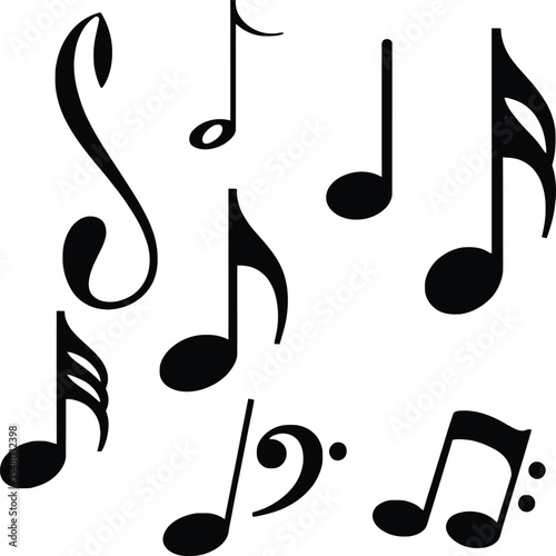 A dynamic illustration featuring various musical notes in different styles and sizes, creating a lively and rhythmic pattern. 