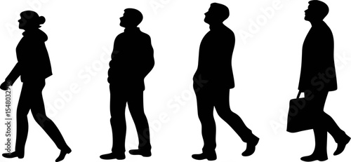 Shadowed Strides: Silhouetted figures walk purposefully, their forms outlined against an unknown setting, each absorbed in their unique direction and journey.