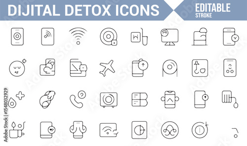 Set of Digital Detox Icons for Unplugging and Resetting