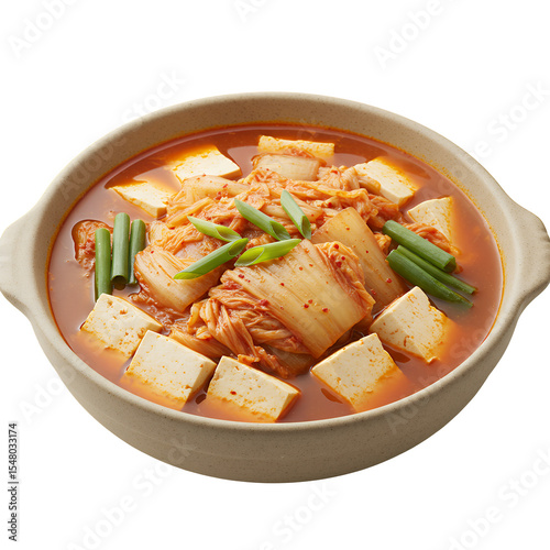 Spicy Kimchi and Tofu Stew in a beige bowl. The stew is vibrant red orange, garnished with green onions. Cubes of tofu are visible throughout the