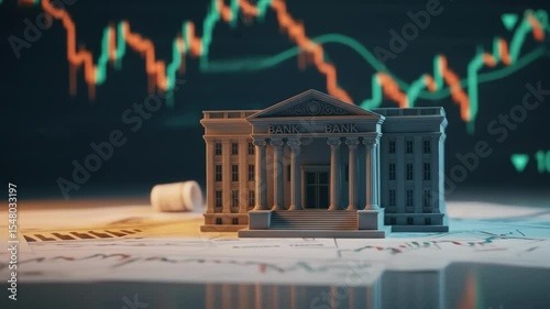 A model of a bank building sits on financial documents with a stock market graph in the background