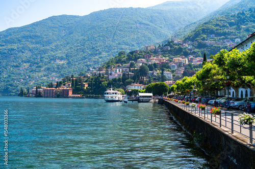 Panorama of the town of Bellano, with its buildings and its lakeside, on Lake Como.
