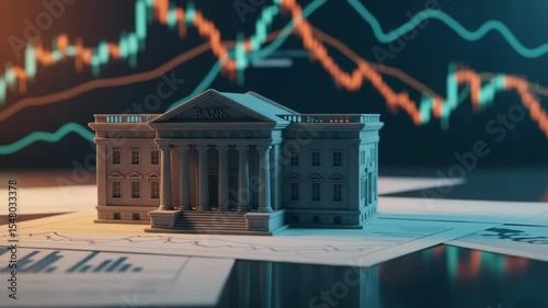 A model of a bank building sits on financial documents with a stock market graph in the background