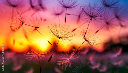 Close-up of flying dandelion seeds against a bright sunset sky with warm tones in an open field in the evening