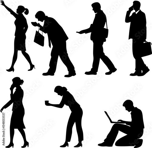 Silhouette Business People: Capturing the essence of modern work life, these elegant silhouettes depict individuals engaged in diverse activities.