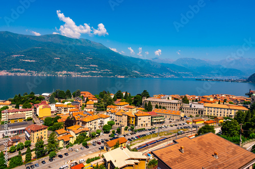 Panorama of the town of Bellano, with its buildings and its lakeside, on Lake Como.