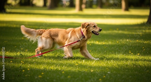 Golden Retriever on a Red Leash Walks Through Sunny Grassy Field.
