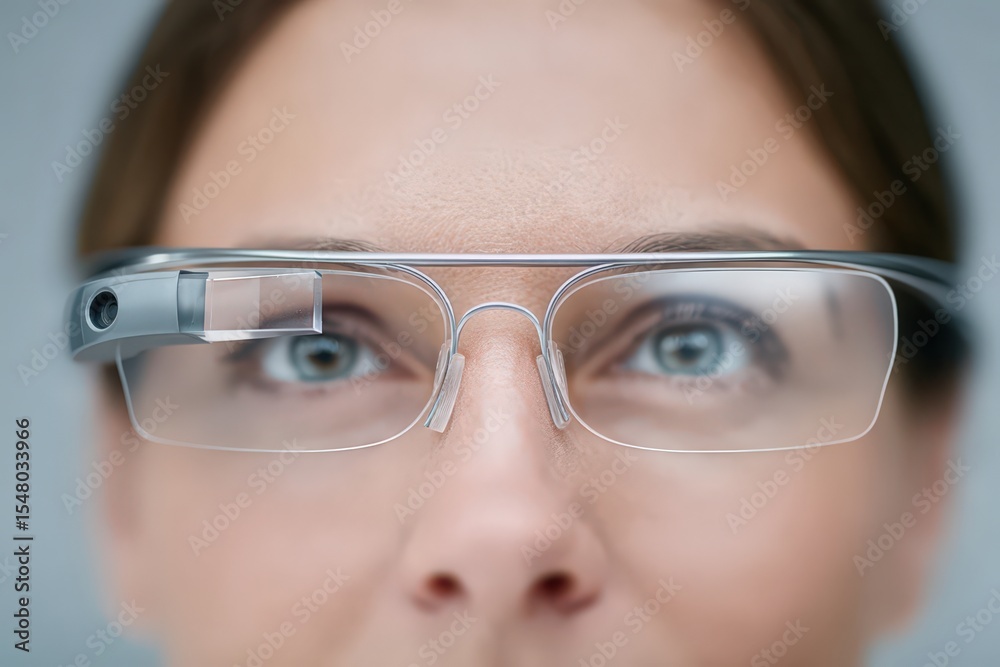 Fototapeta premium Close-up view of a focused woman wearing smart glasses showcasing wearable technology and innovation emphasizing digital connection and modern lifestyle trends in contemporary aesthetics