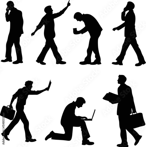 Business Professionals in Silhouette: A series of dynamic silhouettes showcases various business activities, capturing a sense of modern work life. 