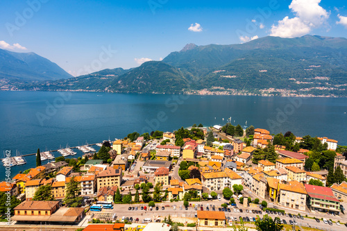 Panorama of the town of Bellano, with its buildings and its lakeside, on Lake Como.