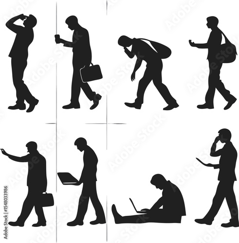 Businessman Silhouettes: A collection of diverse silhouettes depicting a businessman in various daily activities, showcasing a range of postures and actions.