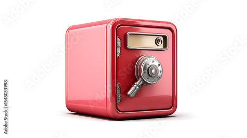 A vibrant red safe featuring a traditional dial lock against a clean white background.