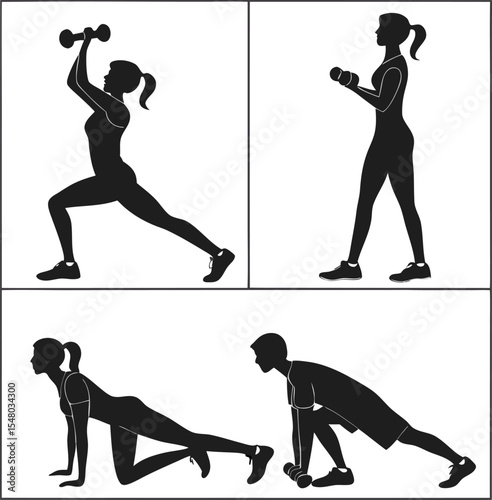 Exercise Silhouette: Dynamic silhouettes of individuals engaged in diverse exercises, showcasing a spectrum of physical activity. Each pose is carefully crafted.